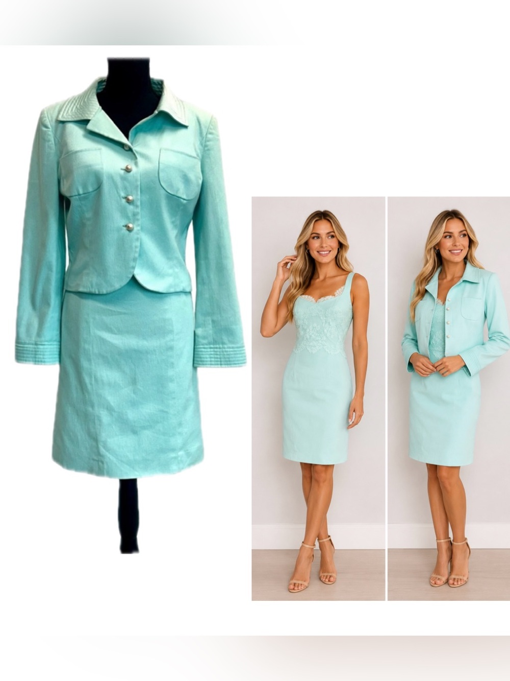 Edward Achour Paris light teal blue mint green lace pearl dress blazer 2 piece